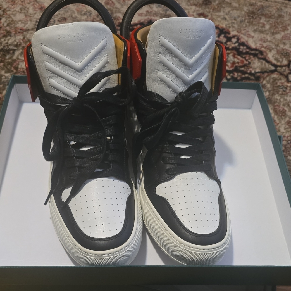 Buscemi Men’s High-Top Sneakers — White, Black & Red Accents